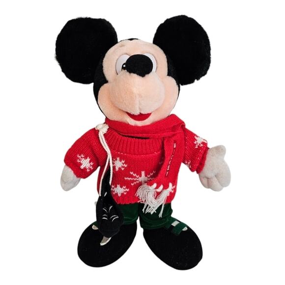 Vintage Disney Holiday Mickey Mouse Sweater & Ice Skates 12" Stuffed Plush Toy - Picture 1 of 10